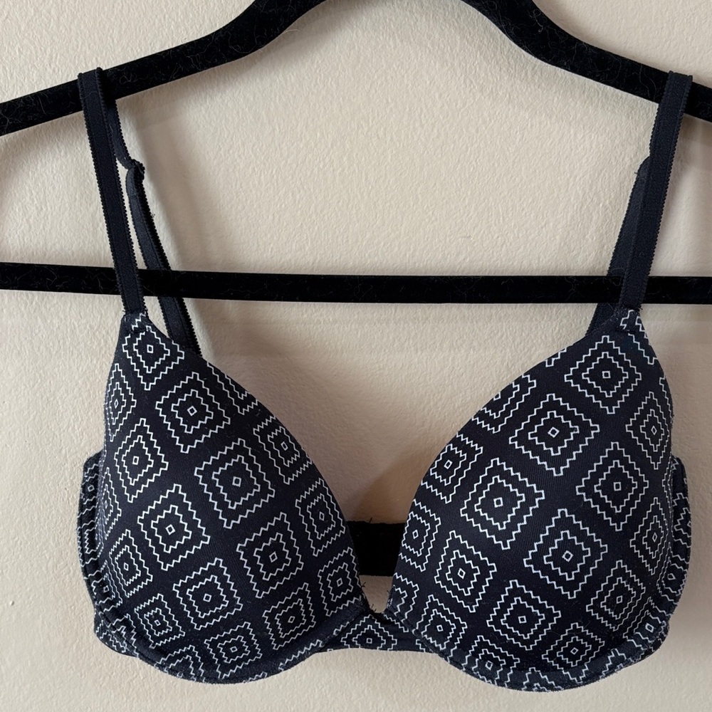 Pink Victoria's Secret Black Bra with White Diamond Pattern 32D